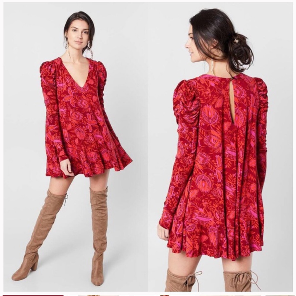 Free People Red & Pink Floral Velvet Tunic Dress